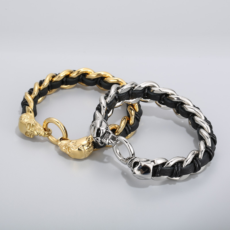 Cowhide Braided Skull Bracelet