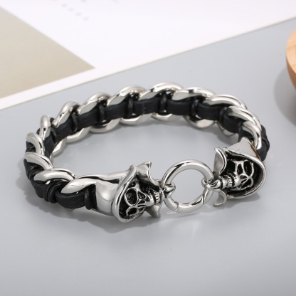 Cowhide Braided Skull Bracelet