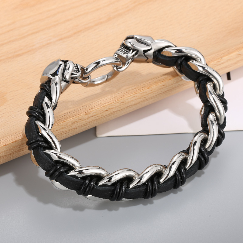 Cowhide Braided Skull Bracelet