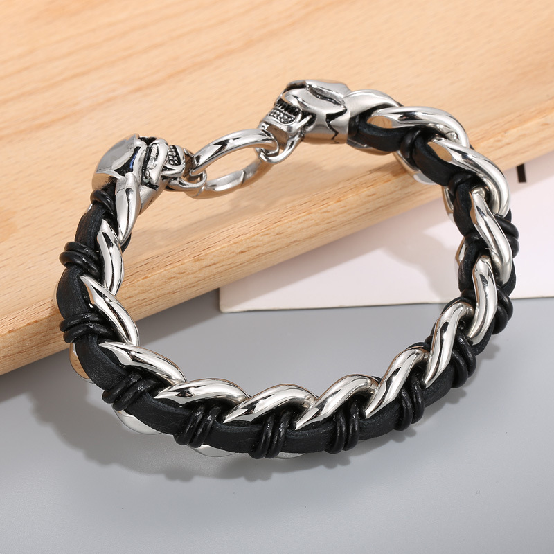 Cowhide Braided Skull Bracelet
