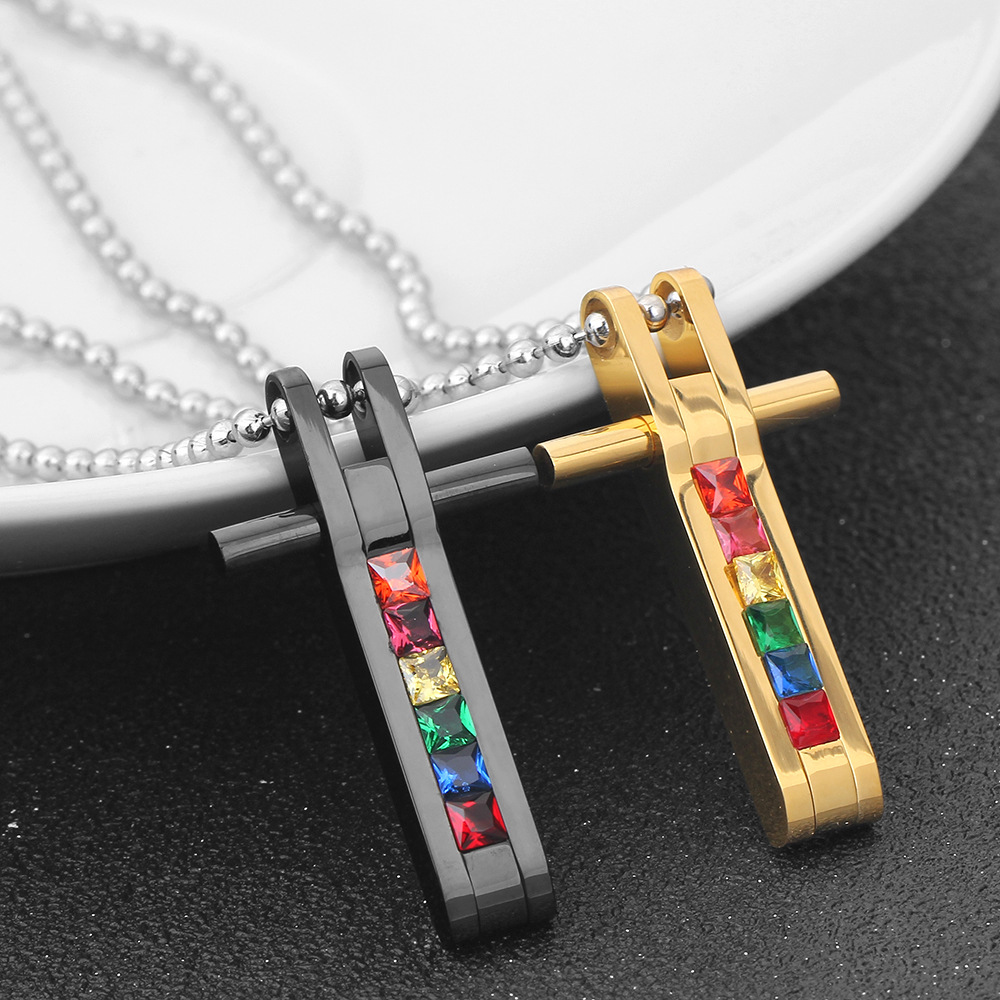 Seven-color diamond cross pendant necklace