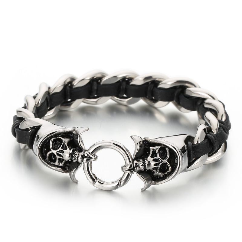 Cowhide Braided Skull Bracelet