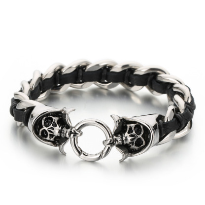 Cowhide Braided Skull Bracelet