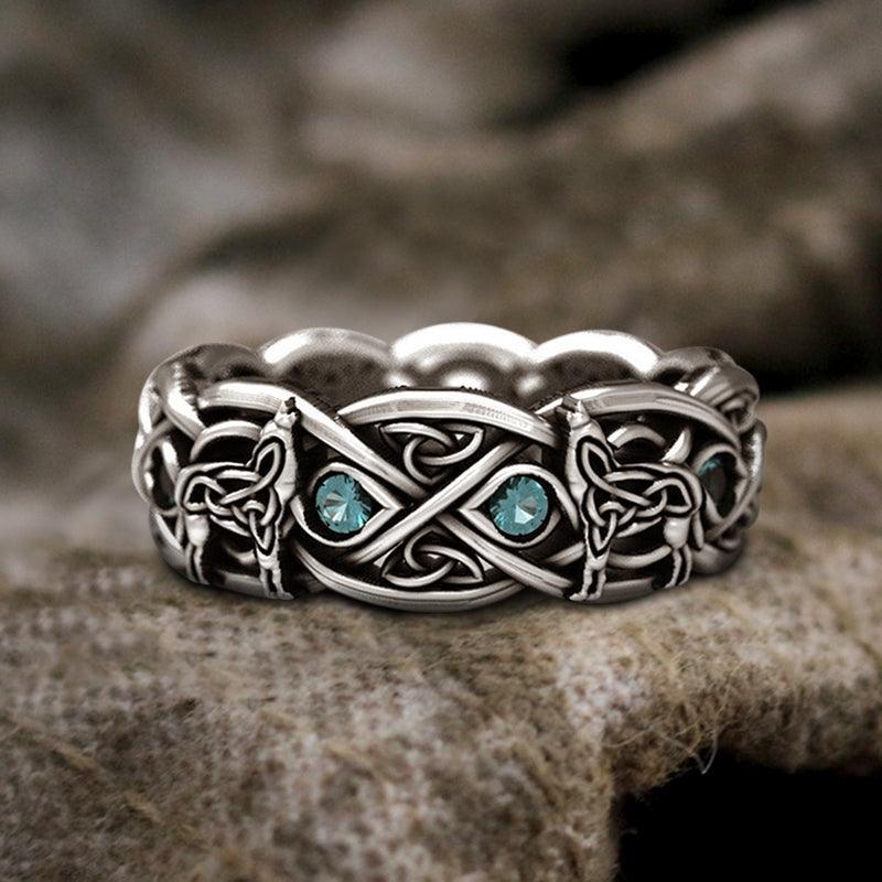 Celtic Wolf Sapphire Stainless Steel Men's Ring - Viking Jewelry - Urcsilver