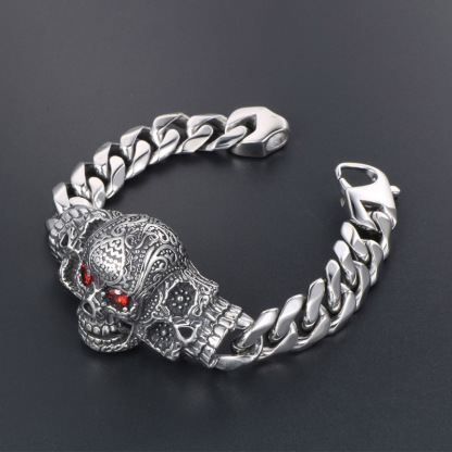 Sterling Silver Skull Ruby Bracelet