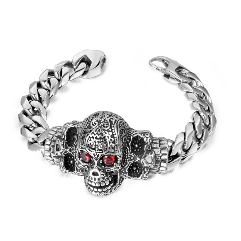 Sterling Silver Skull Ruby Bracelet