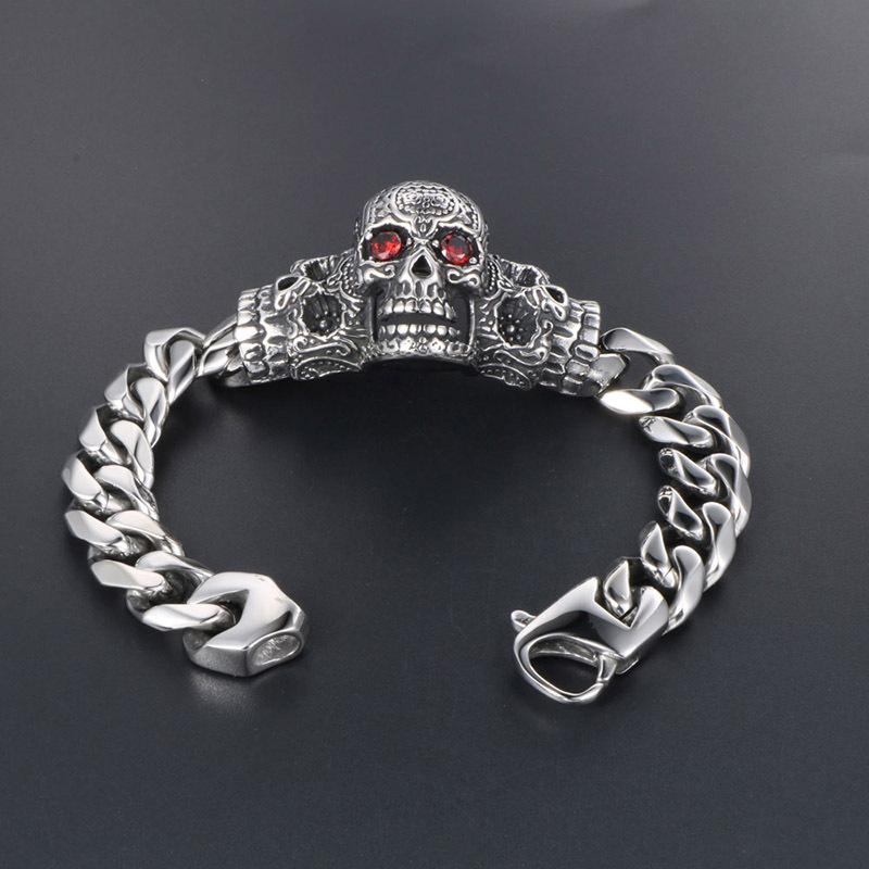 Sterling Silver Skull Ruby Bracelet