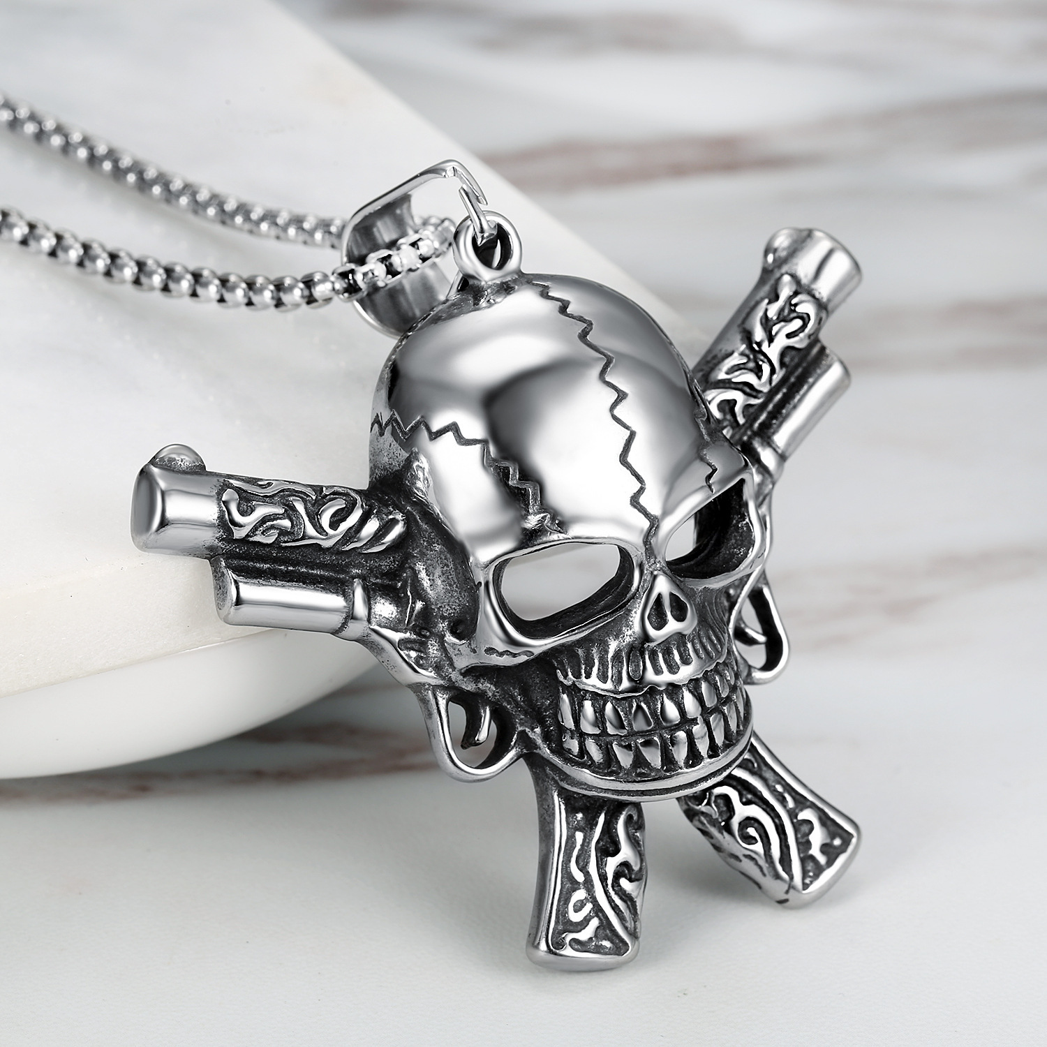 Double Gun Skull Necklace