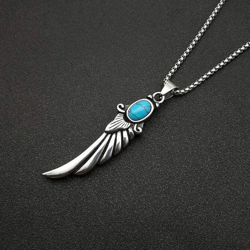 Polished Turquoise Feather Wing Pendant Necklace
