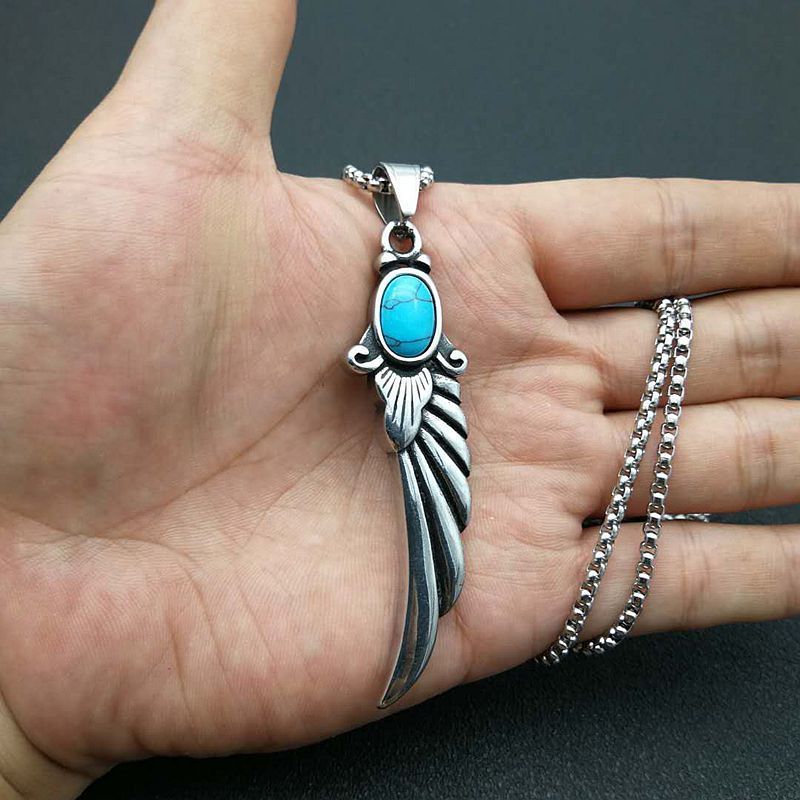 Polished Turquoise Feather Wing Pendant Necklace