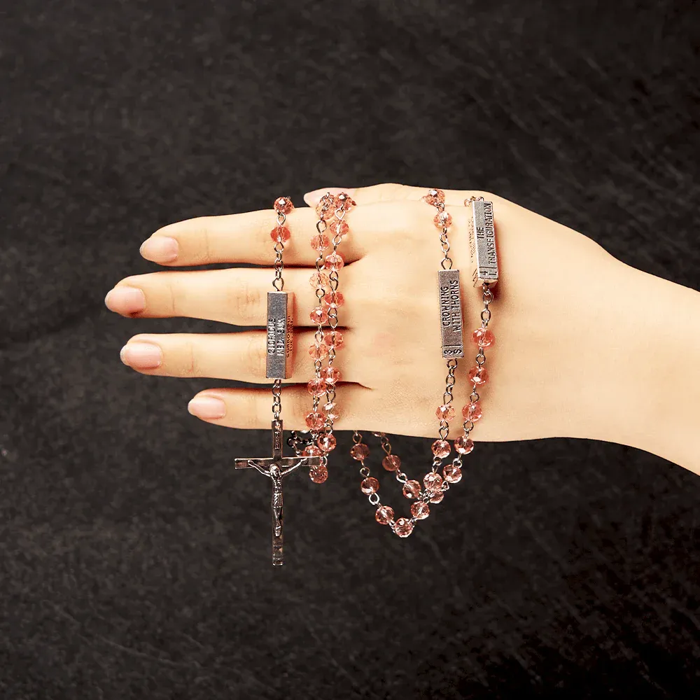 Square Crystal Rosary Cross Necklace