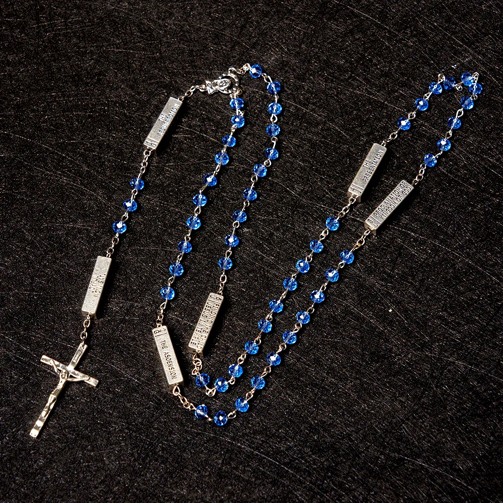 Square Crystal Rosary Cross Necklace