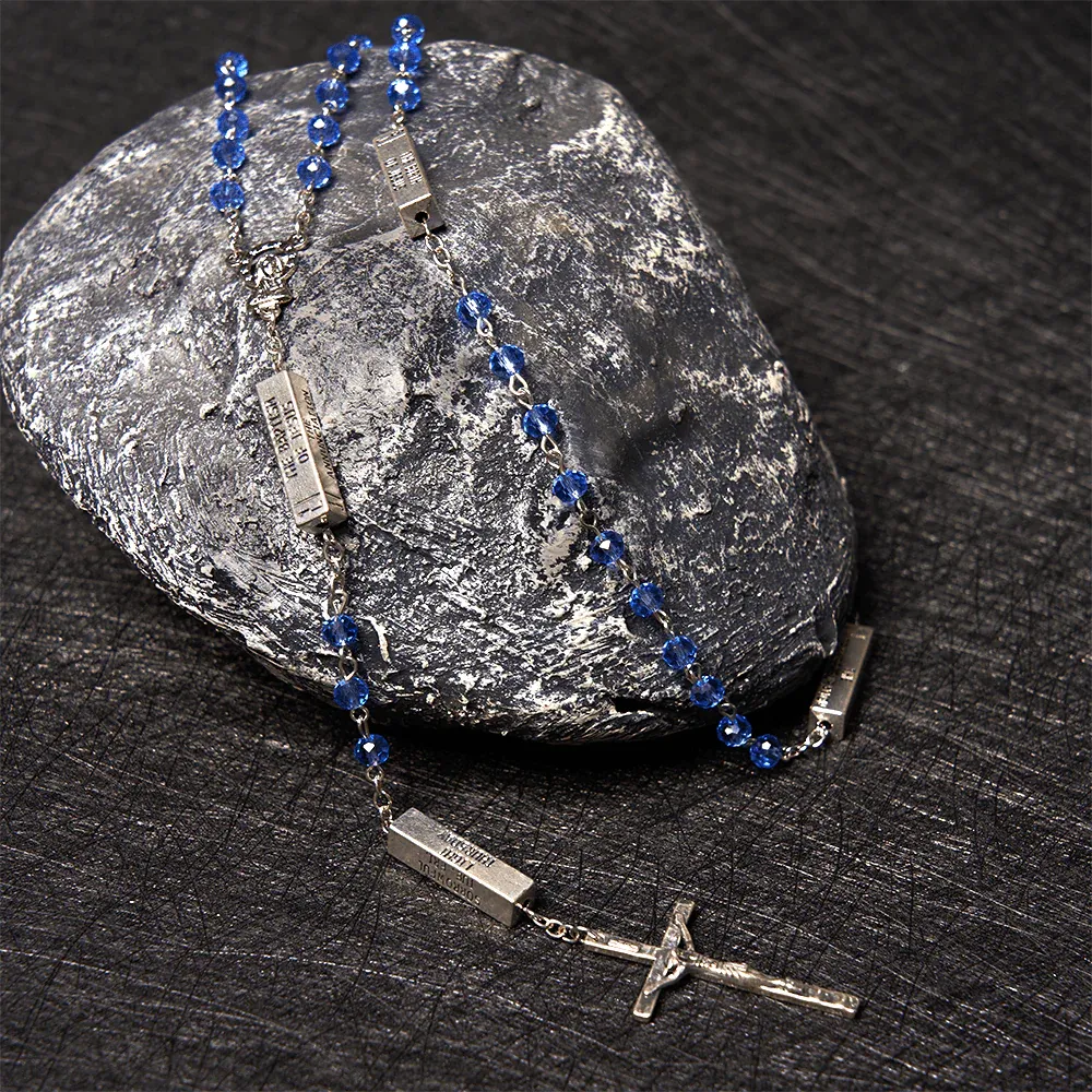 Square Crystal Rosary Cross Necklace