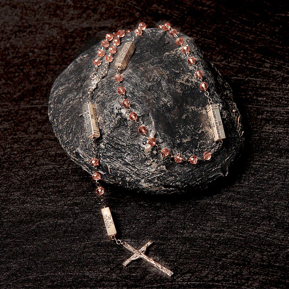 Square Crystal Rosary Cross Necklace