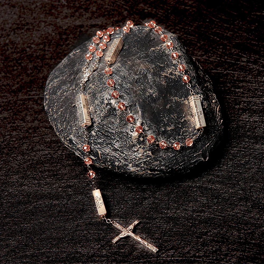 Square Crystal Rosary Cross Necklace
