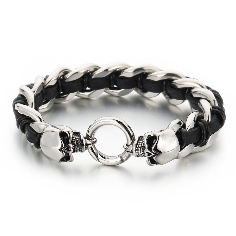 Cowhide Braided Skull Bracelet
