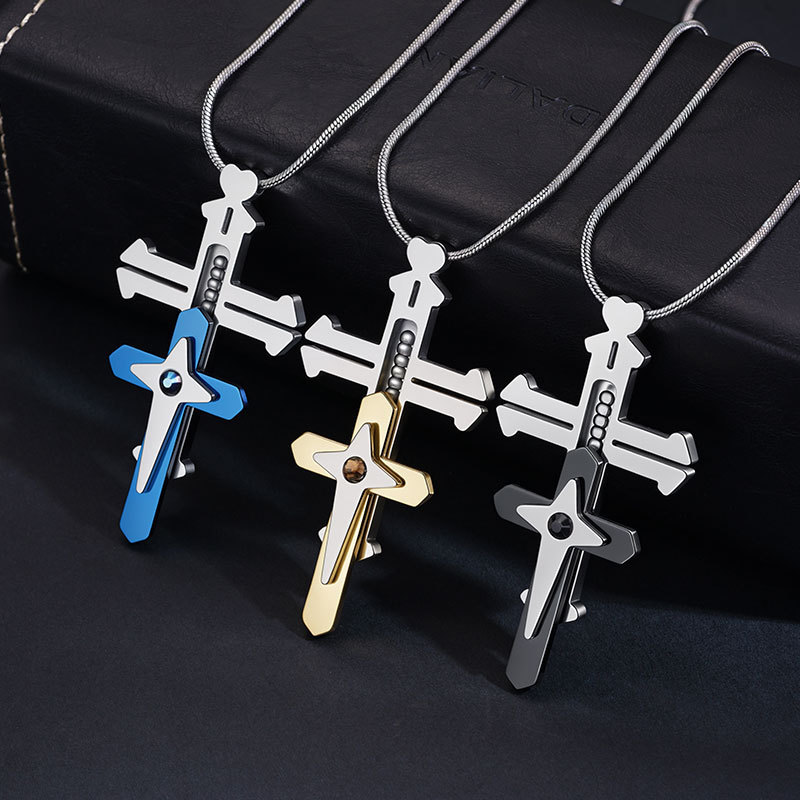 Unique split-design three-layered ratchet cross pendant