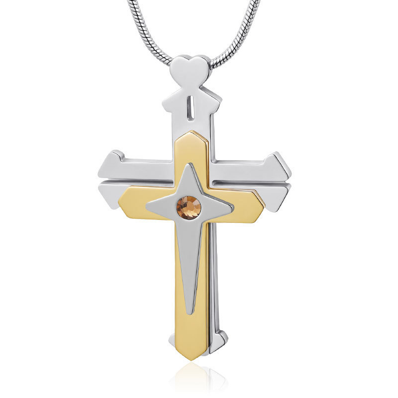 Unique split-design three-layered ratchet cross pendant