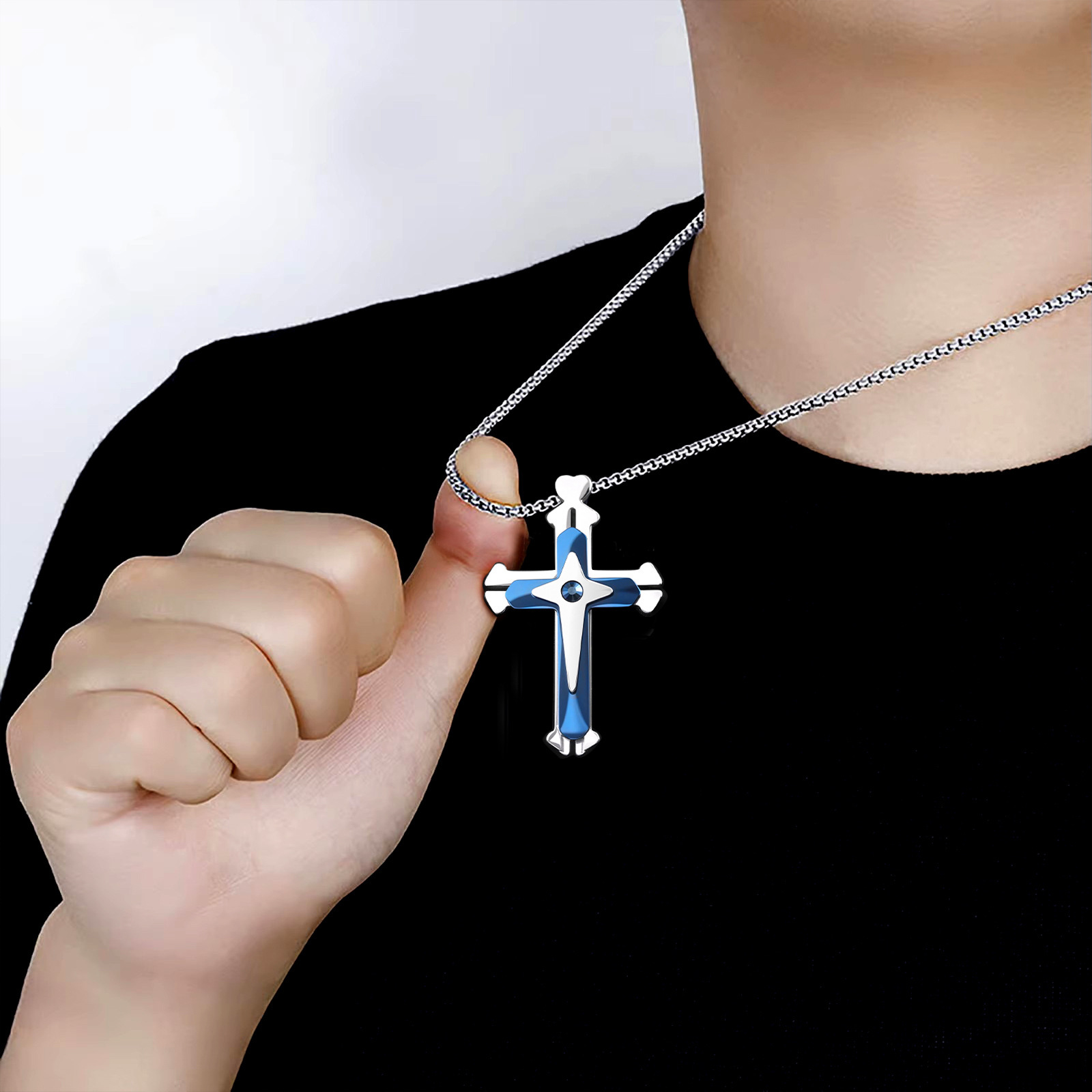 Unique split-design three-layered ratchet cross pendant