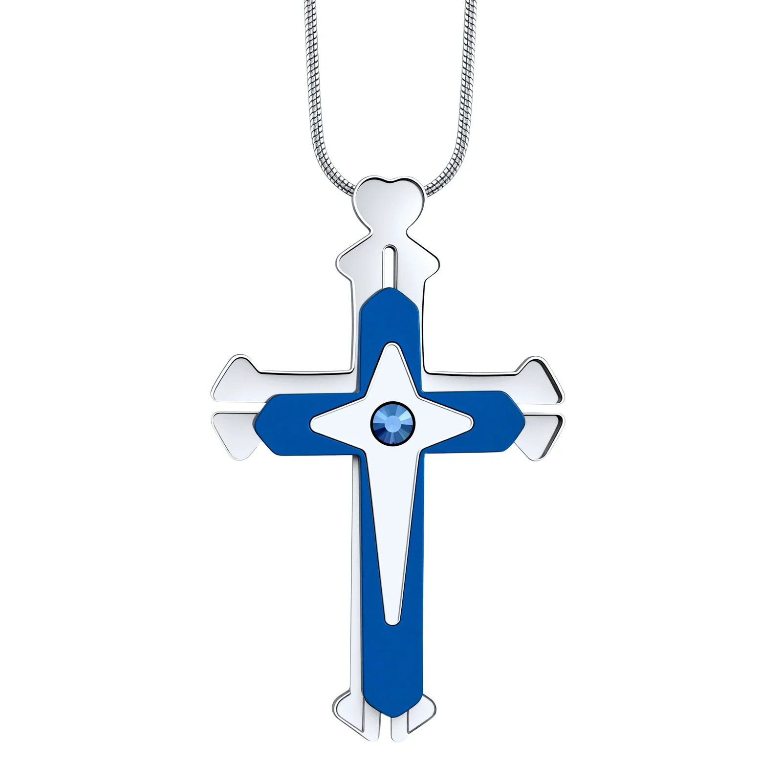 Unique split-design three-layered ratchet cross pendant
