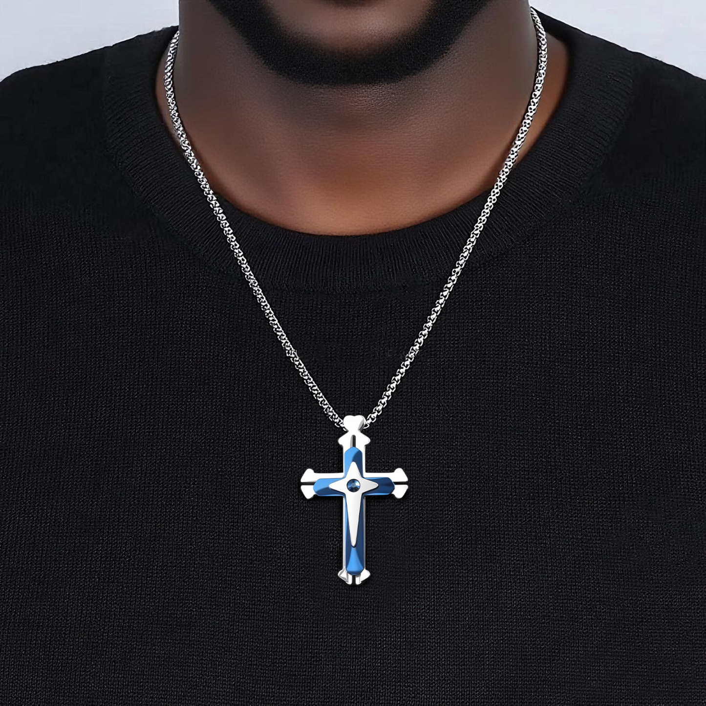 Unique split-design three-layered ratchet cross pendant