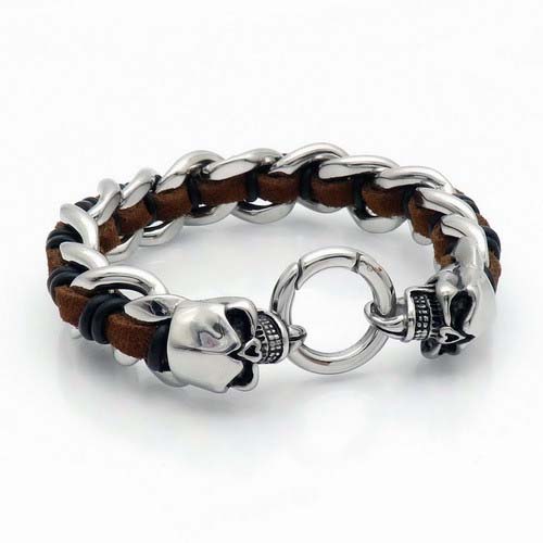 Cowhide Braided Skull Bracelet