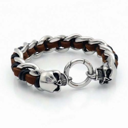 Cowhide Braided Skull Bracelet