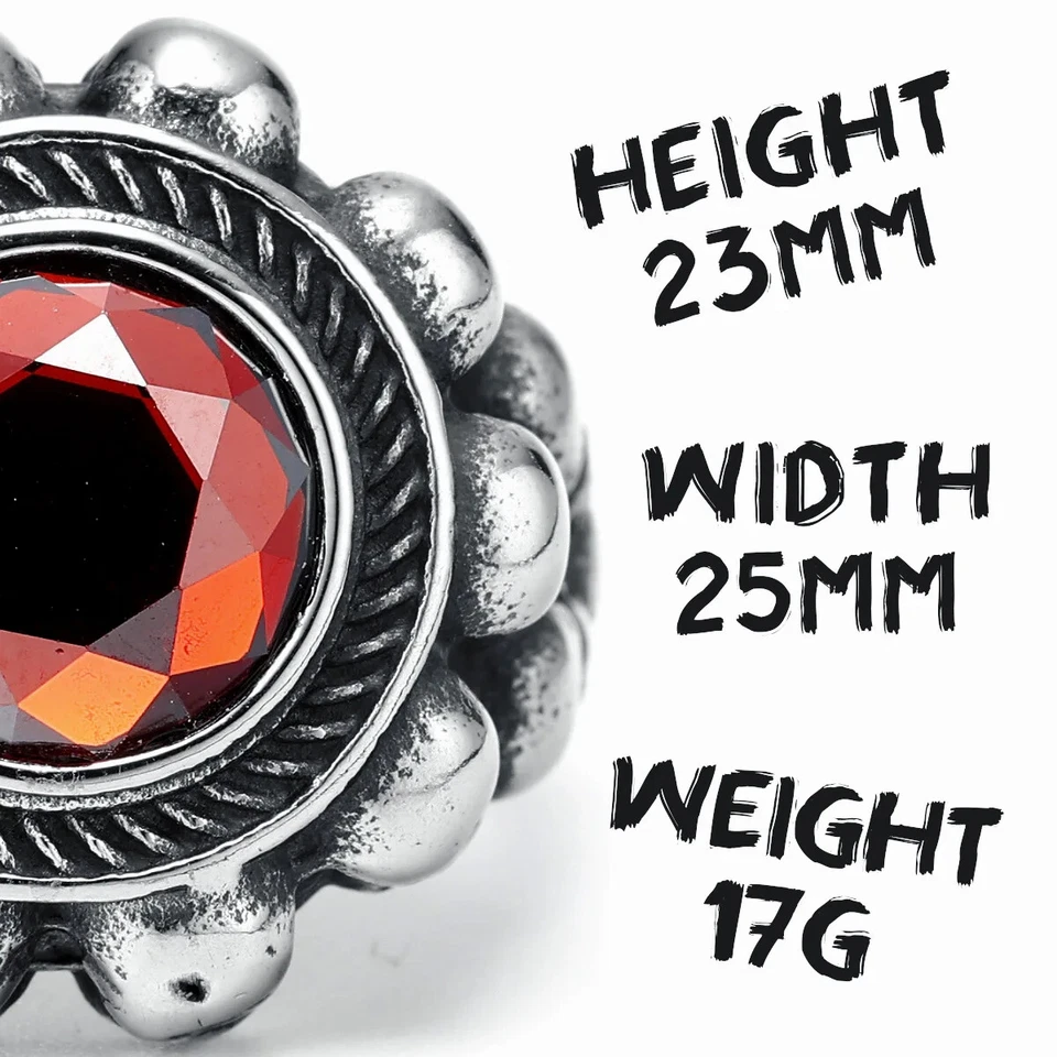 Red round gemstone skull ring