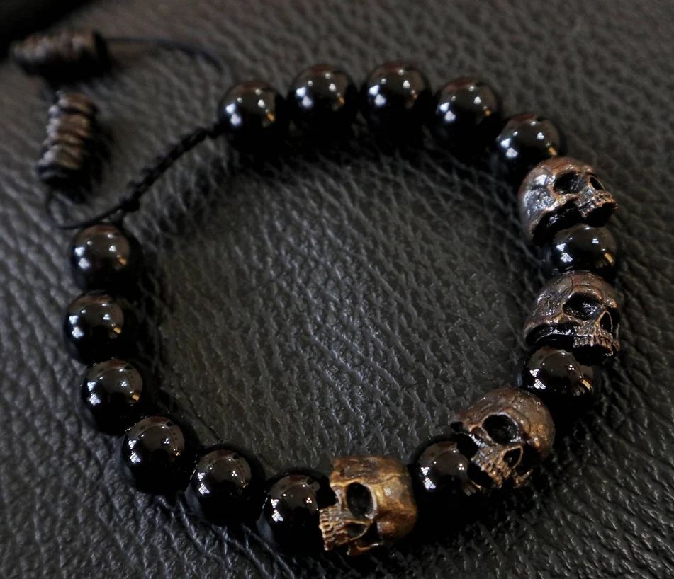 The Sterling silver Skull Army Onyx Bead Bracelet 9.5''(24cm)