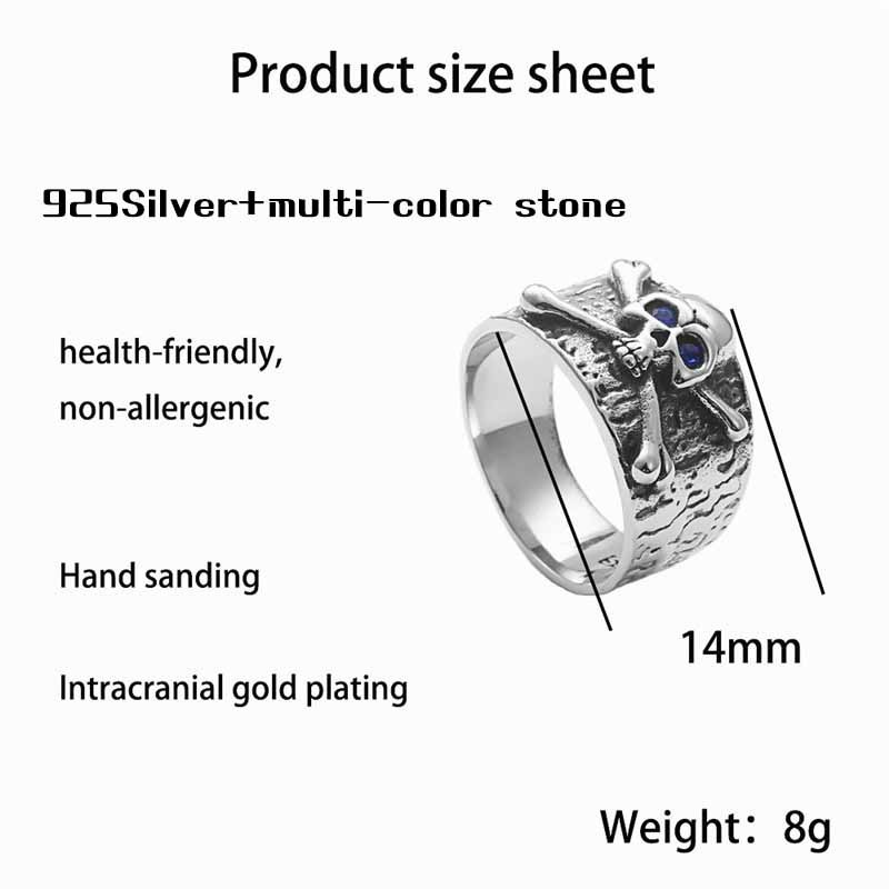 925 silver + multi-color stone skull ring