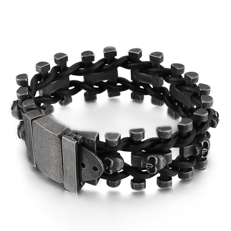 Personalized retro heavy skull leather bracelet