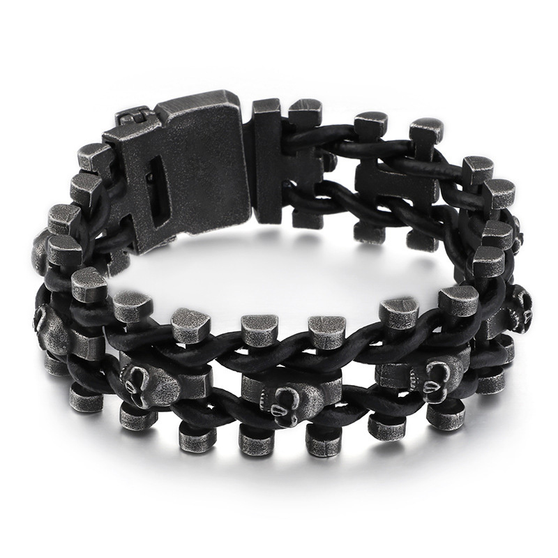 Personalized retro heavy skull leather bracelet