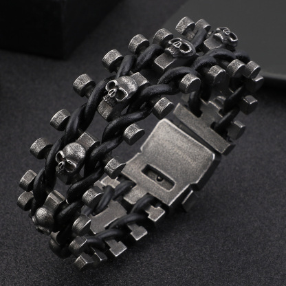 Personalized retro heavy skull leather bracelet