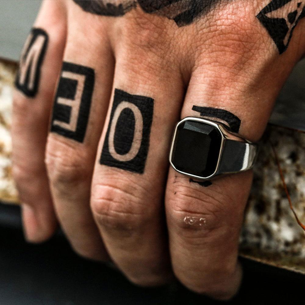 Black Gem Stone Stainless Steel Ring - Viking Jewelry - Urcsilver