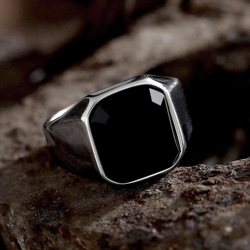 Black Gem Stone Stainless Steel Ring - Viking Jewelry - Urcsilver