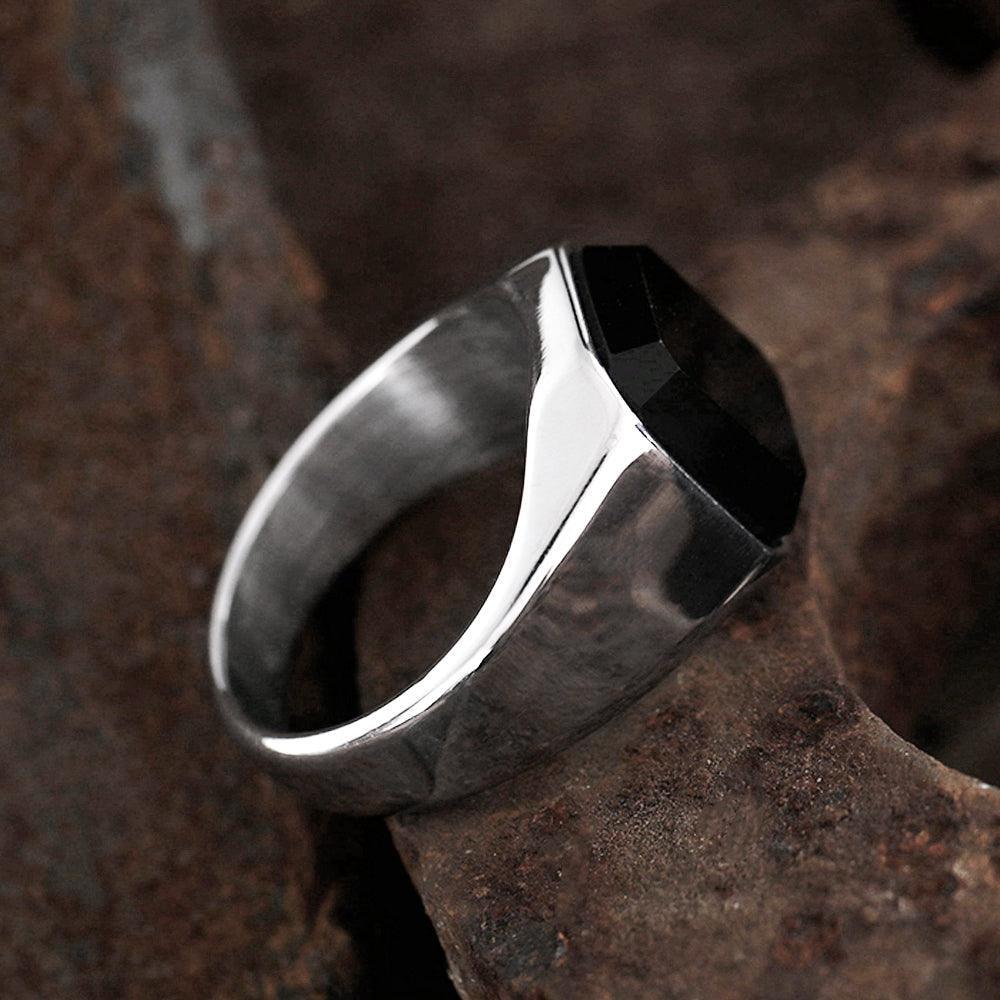 Black Gem Stone Stainless Steel Ring - Viking Jewelry - Urcsilver