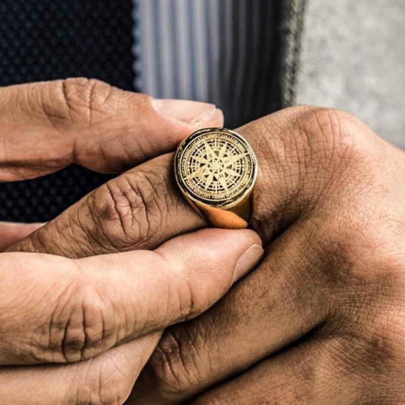 Crafted Compass Stainless Steel Men's Ring - Viking Jewelry - Urcsilver