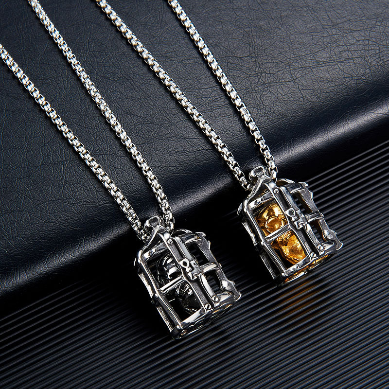 Vintage Prison Cage Skull Pendant Necklace