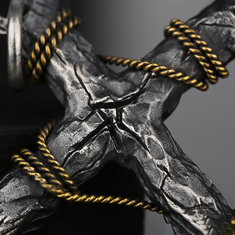 Dark Crack Cross Sterling Silver Pendant Necklace