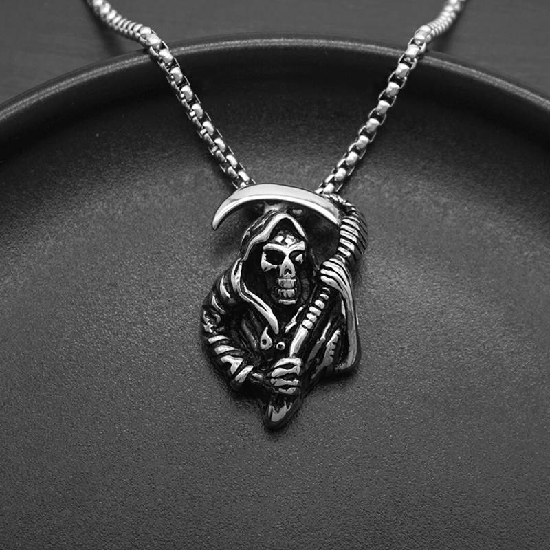 Gothic Death Scythe Skull Pendant Necklace