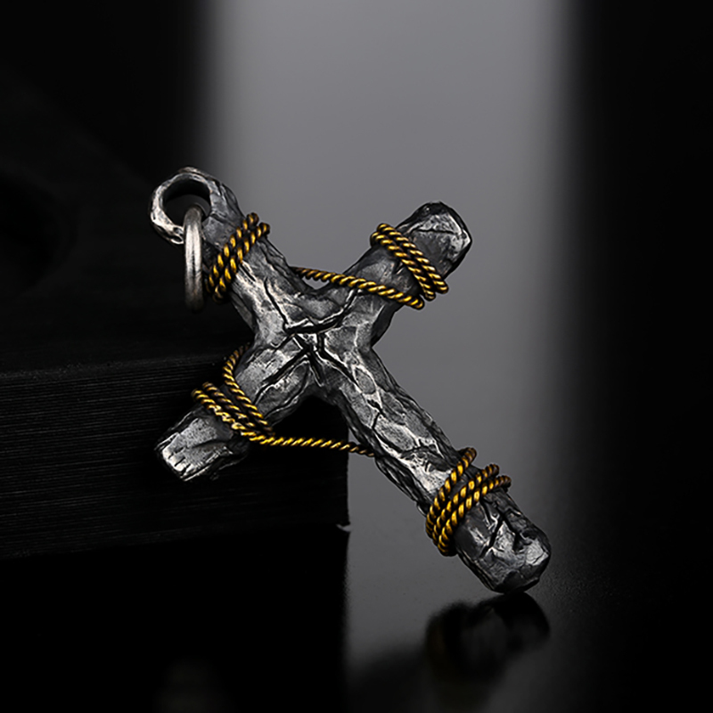 Dark Crack Cross Sterling Silver Pendant Necklace