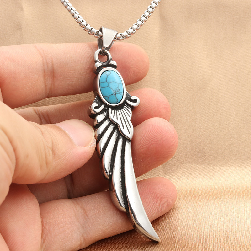 Polished Turquoise Feather Wing Pendant Necklace