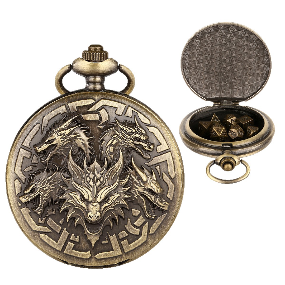 Dragon-Shaped D&D Style Pocket Watch Dice Set 