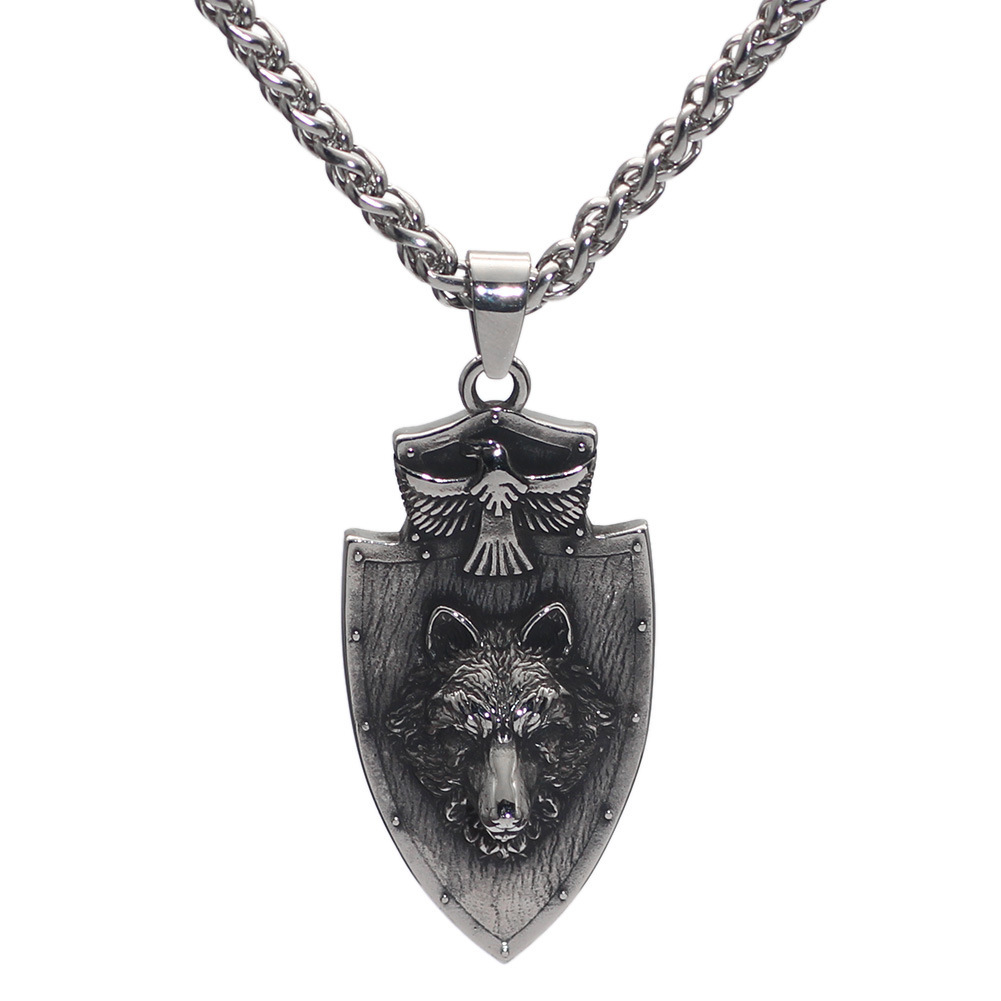 Viking wolf head crow necklace