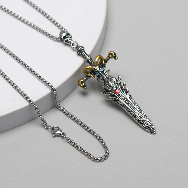 Vintage skull sheep head sword angel sword necklace