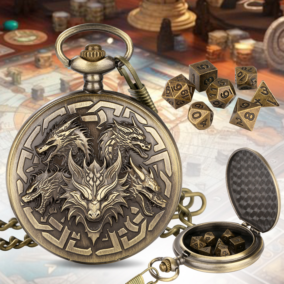 Dragon-Shaped D&D Style Pocket Watch Dice Set 