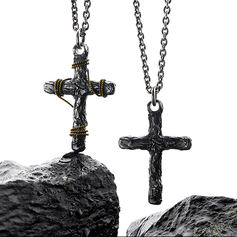 Dark Crack Cross Sterling Silver Pendant Necklace