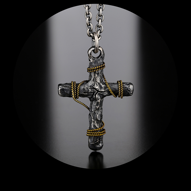 Dark Crack Cross Sterling Silver Pendant Necklace