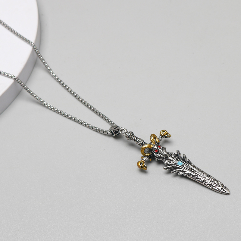 Vintage skull sheep head sword angel sword necklace