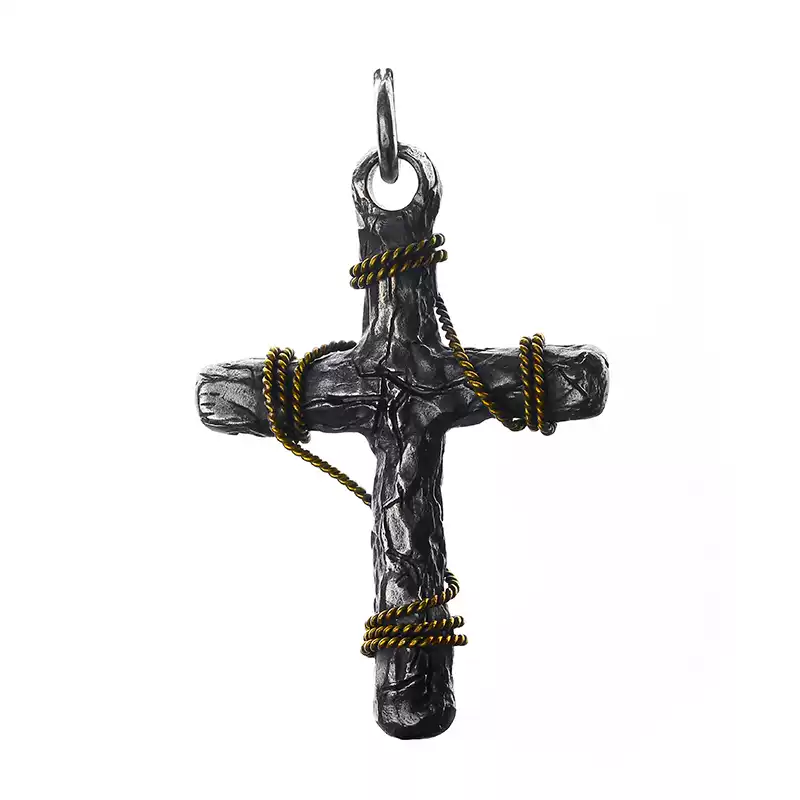 Dark Crack Cross Sterling Silver Pendant Necklace